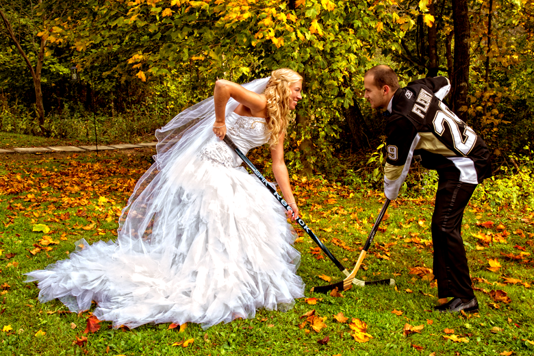 Hockey themed wedding features custom jerseys and a skating bride